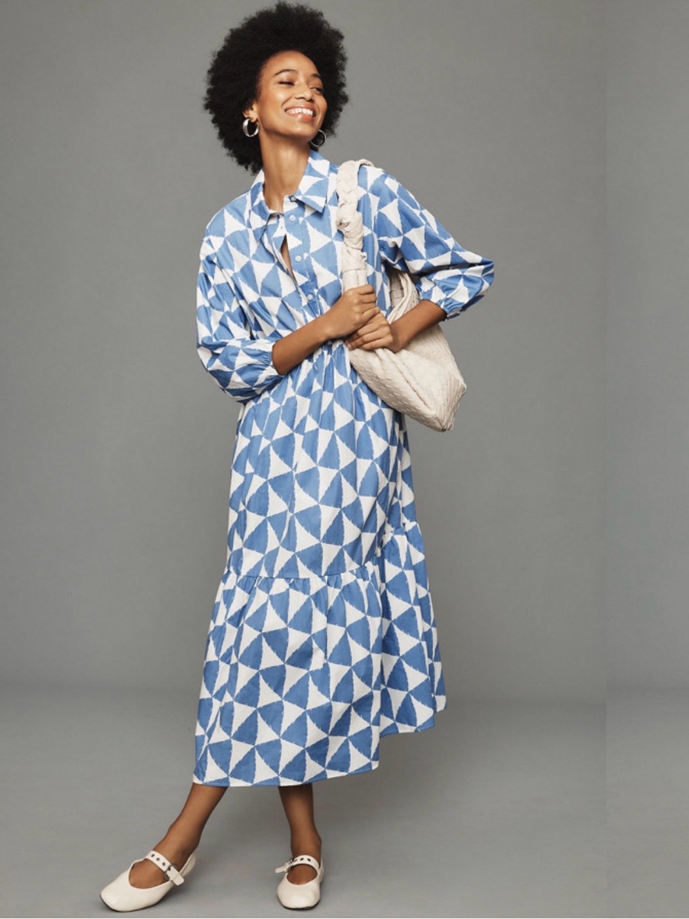 Anthropologie Maeve The Bettina Tiered Shirt Dress Blue Multi M